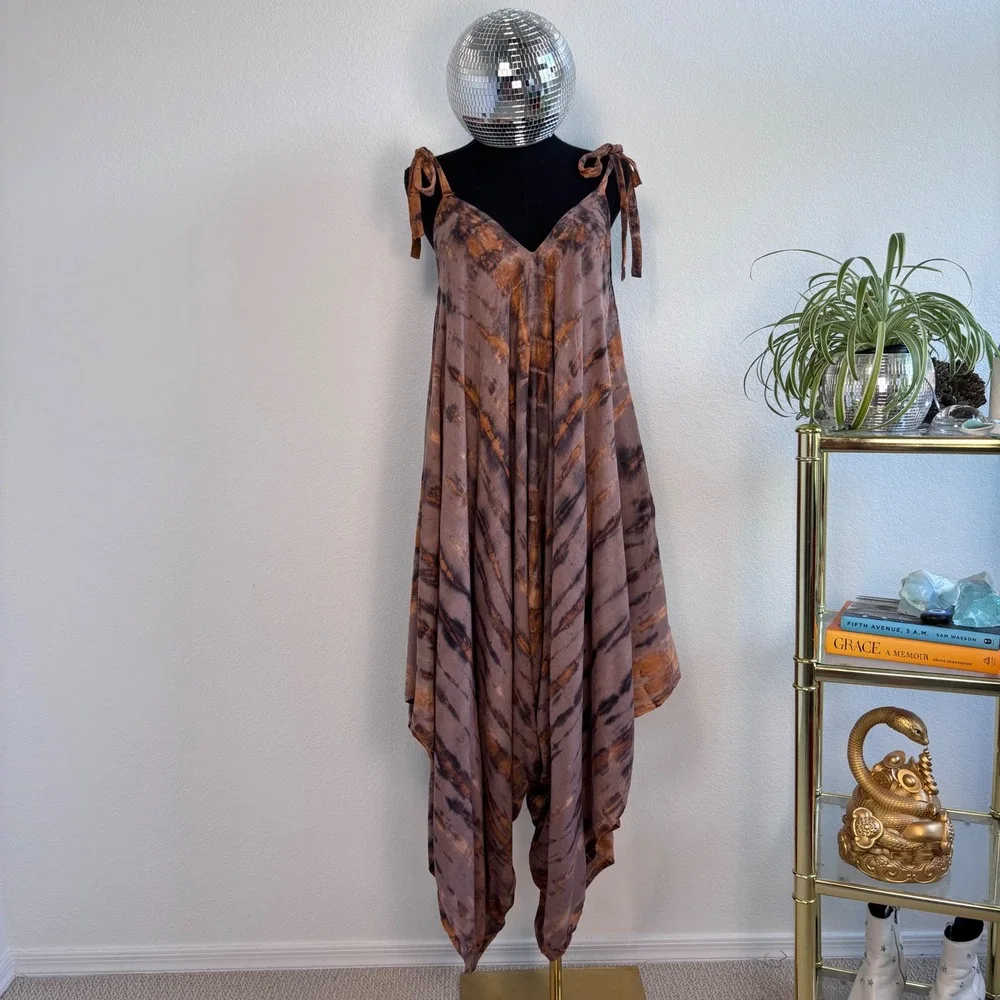 Chantique Hawaii Tie Dye Harem Jumpsuit Brown Rust Rayon One Size Boho Pockets - Picture 9 of 16